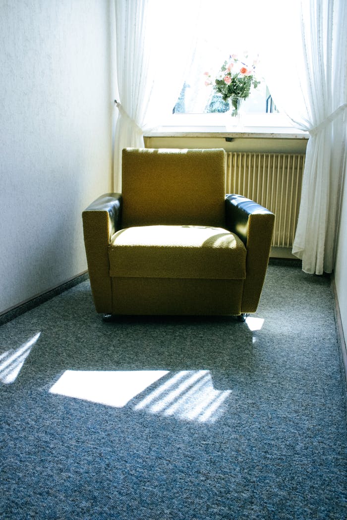 Minimalist interior featuring a cozy armchair and flower vase by a sunlit window.